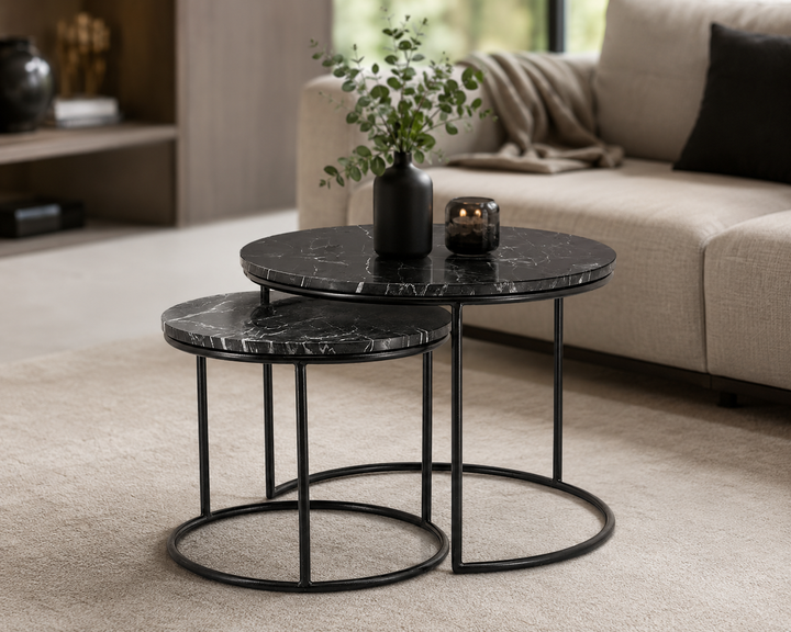 Журнальный столик 2-в-1 – набор столиков размером 50/70 см в дизайне "Черный мрамор". - изображение 2