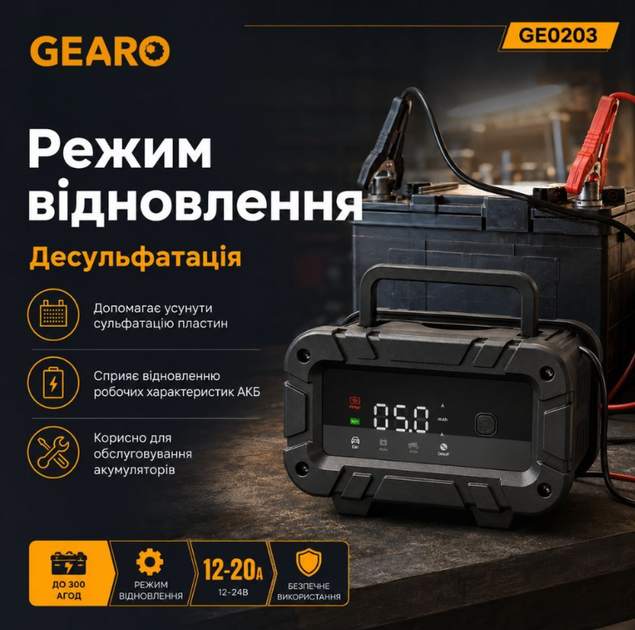 Зарядное устройство для аккумулятора АКБ Gearo 12В 24В 20А 300Ач (GE0203) - изображение 6