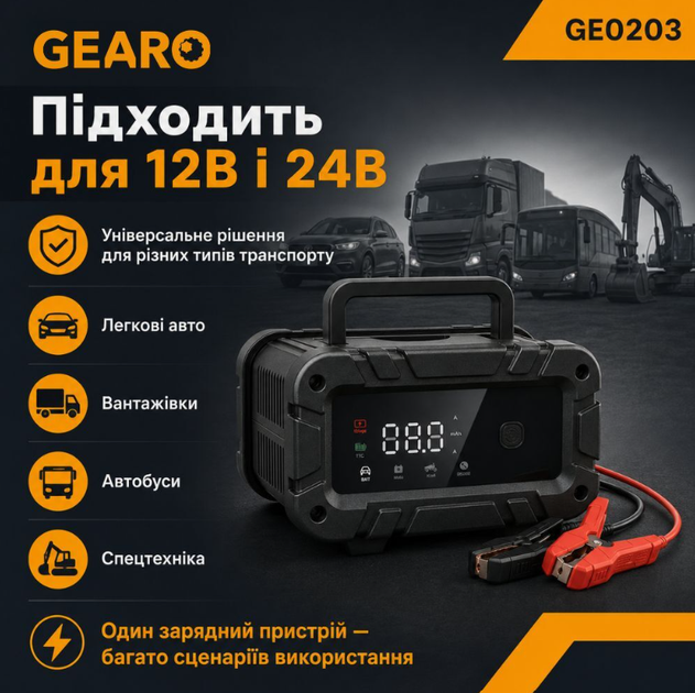 Зарядное устройство для аккумулятора АКБ Gearo 12В 24В 20А 300Ач (GE0203) - изображение 9