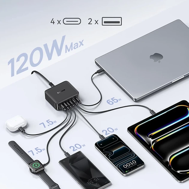 Зарядная станция Baseus EnerFill FH21 120W 4xUSB-C + 2xUSB-A Black (6932172698331) - изображение 7