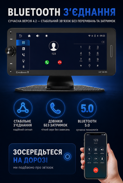 Автомобільний сенсорний монітор 7-дюймовий HD з бездротовим CarPlay та Android Auto і підтримкою камери заднього виду 1080×480 7–32 В - зображення 5