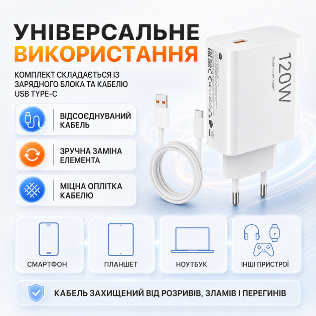 Зарядное устройство Xiaomi 120W HyperCharge Combo с кабелем USB-C белое супербыстрая зарядка для смартфона планшета ноутбука - изображение 3