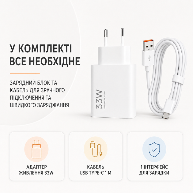 Зарядний пристрій Xiaomi 33W з кабелем USB Type-C 1 м білий мережевий адаптер швидкої зарядки для телефону планшета та USB-пристро - зображення 3