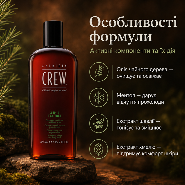 Шампунь 3-в-1 American Crew 3 IN 1 Tea Tree Shampoo 450 мл для волос и тела с маслом чайного дерева, мятой и освежающим эффектом - изображение 3