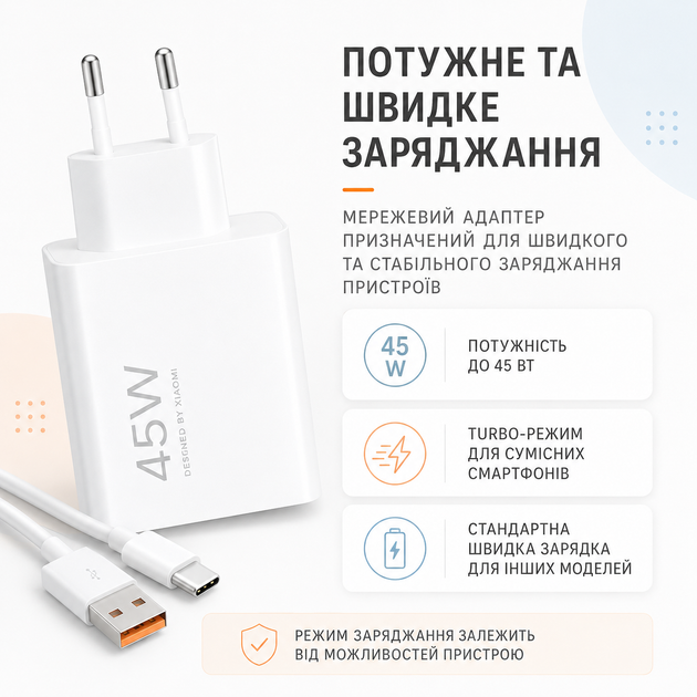 Зарядное устройство Xiaomi 45W с кабелем USB Type-C 1 м белое сетевой адаптер быстрой зарядки для телефона планшета - изображение 2