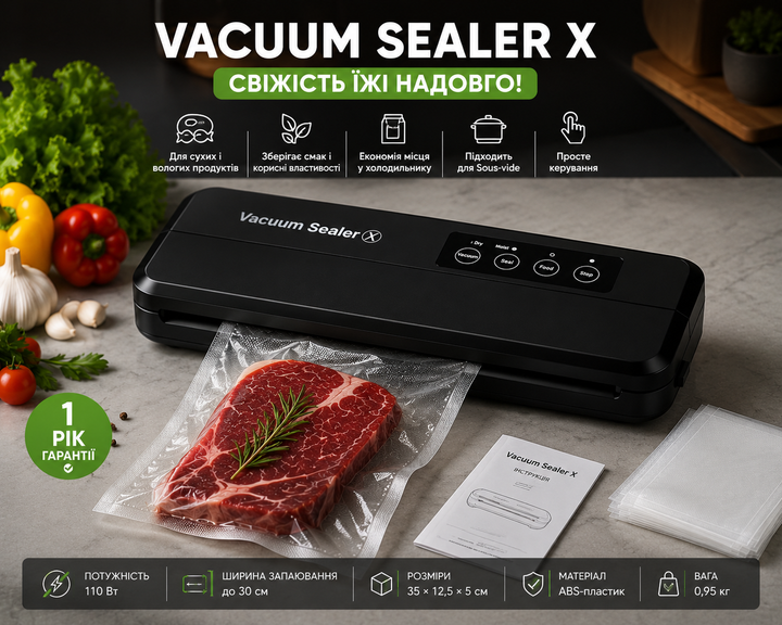 Вакууматор бытовой для продуктов пищи Vacuum Sealer X Pro 110W 60 кПа вакуумный упаковщик автоматический + 10 пакетов 10х25см - Фото 1 Вакууматор бытовой для продуктов пищи Vacuum Sealer X Pro 110W 60 кПа вакуумный упаковщик автоматический + 10 пакетов 10х25см - изображение 1