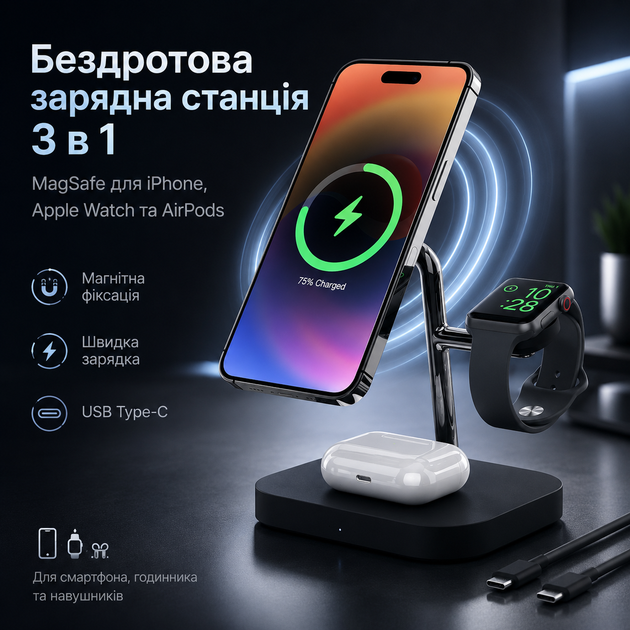 Беспроводная зарядная станция 3 в 1 MagSafe для iPhone, Apple Watch и AirPods, магнитная зарядка с USB Type-C - Фото 1 Беспроводная зарядная станция 3 в 1 MagSafe для iPhone, Apple Watch и AirPods, магнитная зарядка с USB Type-C - изображение 1
