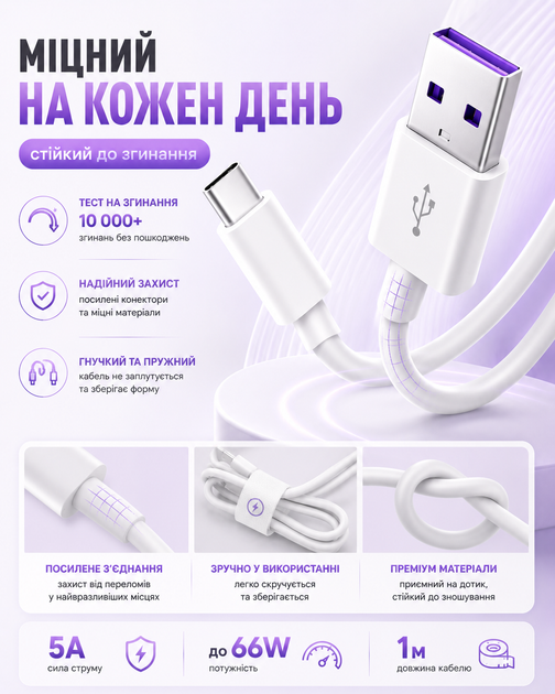 Кабель быстрой зарядки USB Type C 5A до 66W шнур зарядный тайп си юсб для телефона смартфона планшета Samsung Xiaomi Huawei Realme Google Android провод для зарядки синхронизации передачи данных белый прочный 1 м - изображение 4