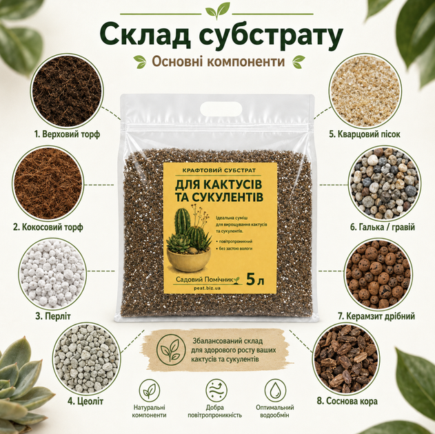Крафтовый слаботорфяной минеральный субстрат с цеолитом для суккулентов, эхеверий и кактусов, 5 л - Фото 4 Крафтовый слаботорфяной минеральный субстрат с цеолитом для суккулентов, эхеверий и кактусов, 5 л - изображение 4
