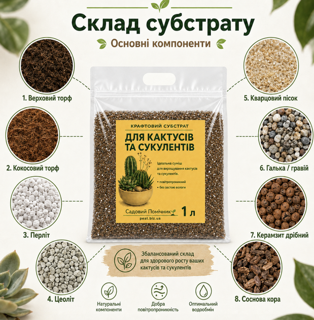 Крафтовый слаботорфяной минеральный субстрат с цеолитом для суккулентов, эхеверий и кактусов, 1 л - Фото 4 Крафтовый слаботорфяной минеральный субстрат с цеолитом для суккулентов, эхеверий и кактусов, 1 л - изображение 4