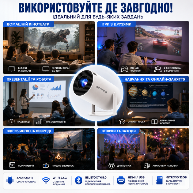 Проектор Game Projector M300 MAX/HY300 4K UHD Android 11 приставка для домашнього кінотеатру з 2 джойстиками, пультом та microSD 32GB, ігровий портативний проектор для дому - Фото 2 Проектор Game Projector M300 MAX/HY300 4K UHD Android 11 приставка для домашнього кінотеатру з 2 джойстиками, пультом та microSD 32GB, ігровий портативний проектор для дому - зображення 2