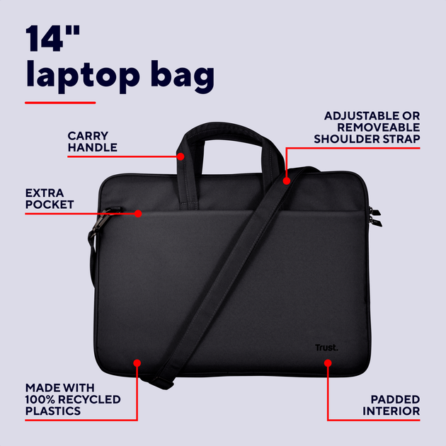 Сумка для ноутбука Trust Bologna Eco 14" Black (TR26207) - Фото 7 Сумка для ноутбука Trust Bologna Eco 14" Black (TR26207) - изображение 7