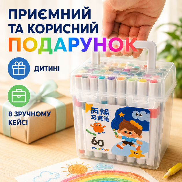 Маркеры акриловые 60 штук в кейсе. Набор для творчества. Фломастеры для раскрасок. Подарок для ребенка. - изображение 2