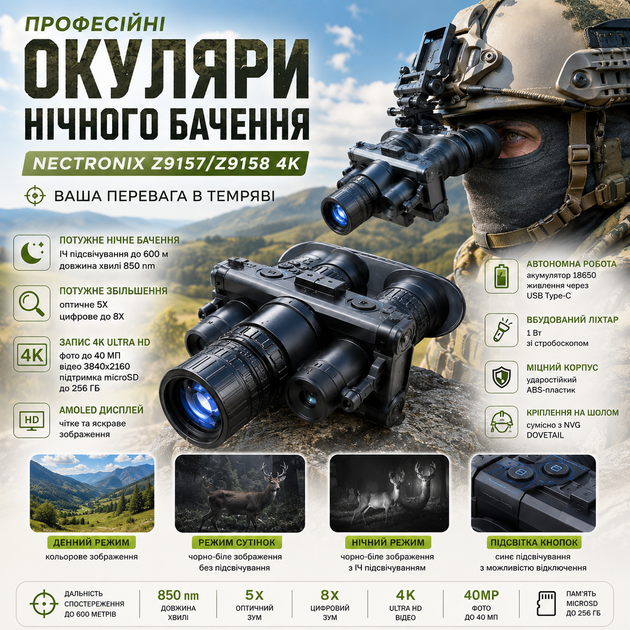 Окуляри нічного бачення Nectronix Z9157/Z9158 4K з кріпленням на шолом, цифровий бінокль, прилад ПНБ із записом відео - Фото 3 Окуляри нічного бачення Nectronix Z9157/Z9158 4K з кріпленням на шолом, цифровий бінокль, прилад ПНБ із записом відео - зображення 3
