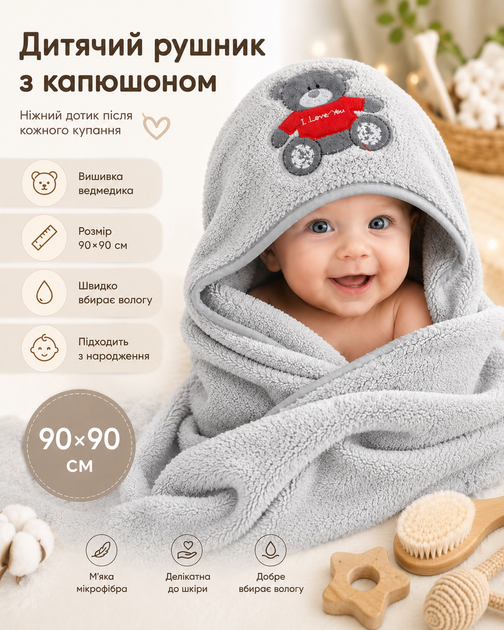 Полотенце уголок для новорожденных детское банное с капюшоном для купания младенцев малышей микрофибра 90х90 см после купания малыша мальчика девочки мягкое гипоаллергенное влаговпитывающее быстросохнущее теплое в роддом для ванной ванны серый - Фото 1 Полотенце уголок для новорожденных детское банное с капюшоном для купания младенцев малышей микрофибра 90х90 см после купания малыша мальчика девочки мягкое гипоаллергенное влаговпитывающее быстросохнущее теплое в роддом для ванной ванны серый - изображение 1