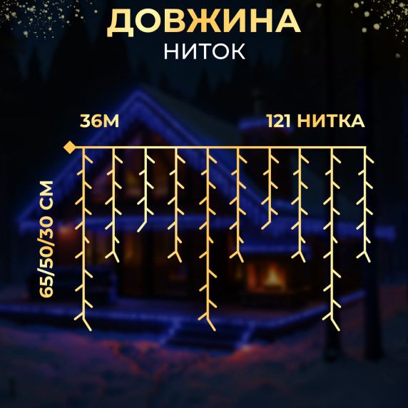 Гирлянда Бахрома 600 LED 36 м от сети для украшения фасадов и окон черная нить синий GL-4655 - изображение 2