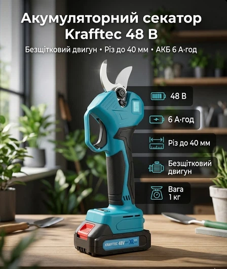 Секатор акумуляторний Krafftec Germany 48V 6Ah безщітковий садовий для обрізки та догляду з 2 акумуляторами та зарядним пристроєм - изображение 3