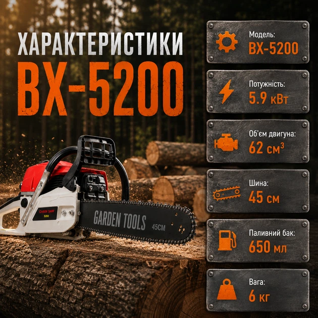 Бензопила Garden Tools 5,9 кВт 45 см для саду потужна професійна з високою продуктивністю та ергономічною рукояткою у комплекті з захисними окулярами та рукавицями - Фото 6 Бензопила Garden Tools 5,9 кВт 45 см для саду потужна професійна з високою продуктивністю та ергономічною рукояткою у комплекті з захисними окулярами та рукавицями - зображення 6