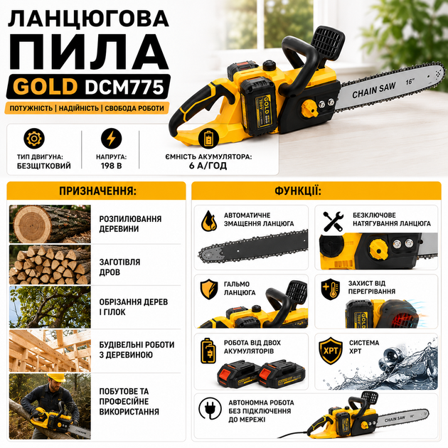 Акумуляторна ланцюгова пила Gold Germany DCM775 - зображення 3