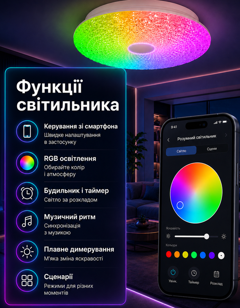 Люстра потолочная RGB с Bluetooth 60W Потолочный RGB светильник - Фото 2 Люстра потолочная RGB с Bluetooth 60W Потолочный RGB светильник - изображение 2