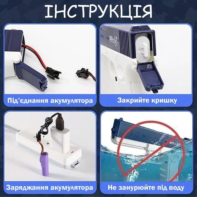 Водяний пістолет електричний Glock на акумуляторі синього кольору з великим резервуаром для води - зображення 3