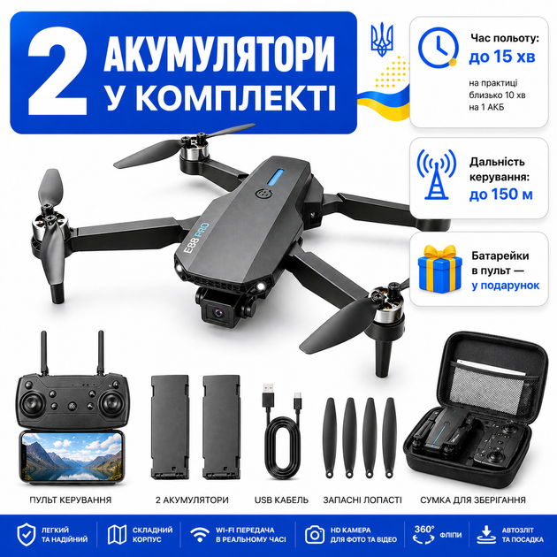 Квадрокоптер E88 EVO с HD камерой, бесщеточными моторами Brushless, Wi-Fi FPV, до 30 мин полета + 2 аккумулятора, кейс и батарейки - изображение 10