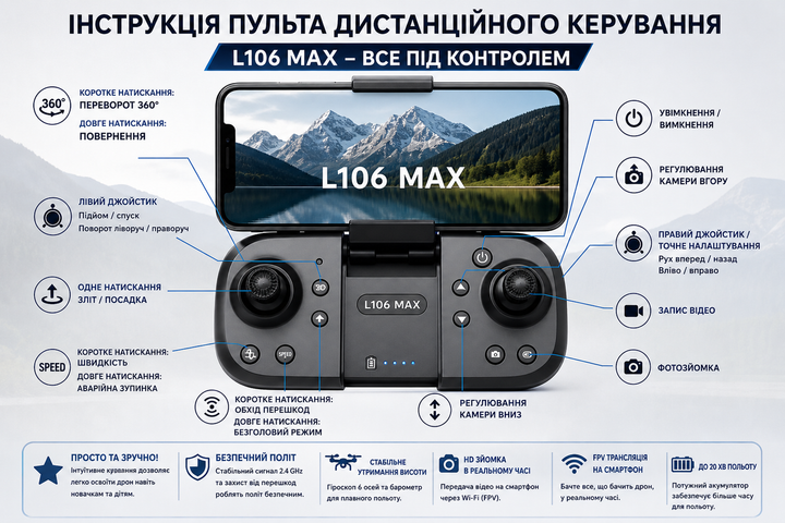 Дрон L106 MAX 4K квадрокоптер с камерой, двойная камера, FPV Wi-Fi, бесщеточные моторы, до 150 м, до 40 мин полёта (2 АКБ), стабилизация, складной дрон для новичков, кейс - Фото 10 Дрон L106 MAX 4K квадрокоптер с камерой, двойная камера, FPV Wi-Fi, бесщеточные моторы, до 150 м, до 40 мин полёта (2 АКБ), стабилизация, складной дрон для новичков, кейс - изображение 10