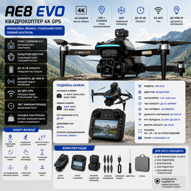 Квадрокоптер AE8 EVO 4K GPS дрон з пультом з екраном 4.5" 25 хв польоту 5G WiFi FPV безщітковий дрон з камерою для зйомки з сумкою - Фото 10 Квадрокоптер AE8 EVO 4K GPS дрон з пультом з екраном 4.5" 25 хв польоту 5G WiFi FPV безщітковий дрон з камерою для зйомки з сумкою - зображення 10