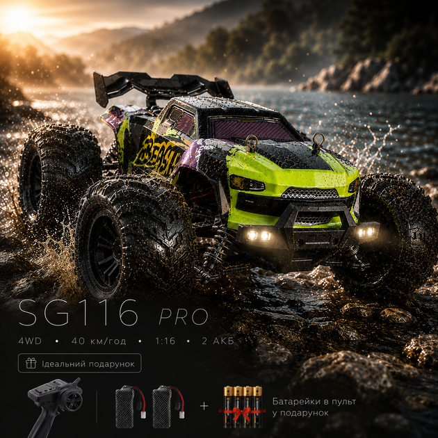 Радиоуправляемая машинка SG116 PRO 1:16 4WD Monster Truck, RC внедорожник для дрифта до 40 км/ч, машинка на пульте управления, аккумулятор USB + батарейки в пульт - изображение 9