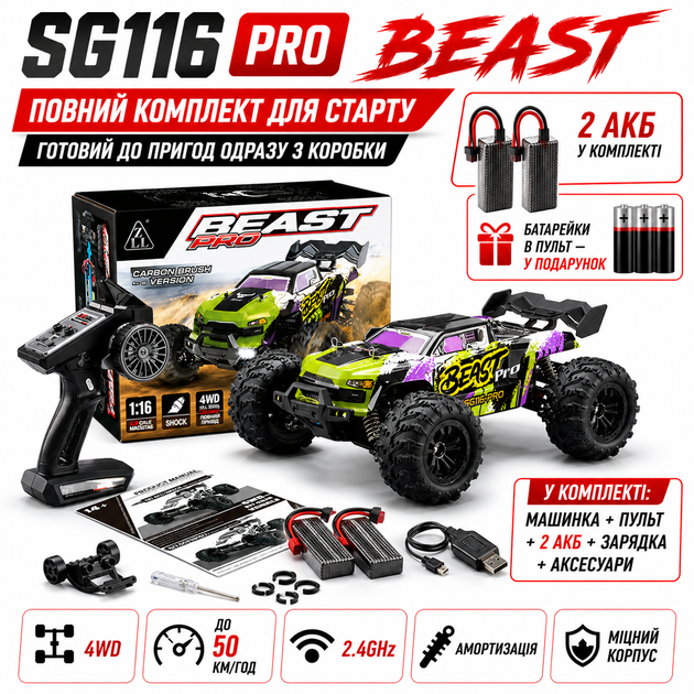 Радіокерована машинка ZLL SG116 PRO 4WD 1:16, RC машина дрифт до 50 км/год, 2 АКБ, повний привід, швидкісна машинка на пульті для асфальту і дрифту - зображення 10