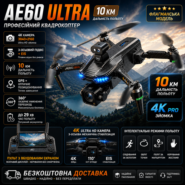 Квадрокоптер AE60 Ultra 4K GPS FPV, дрон до 10 км, 3-осевой подвес, пульт с экраном, профессиональный бесщеточный дрон для съемки. - изображение 9