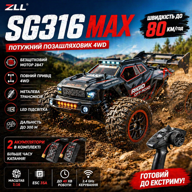 Машинка на пульте управления ZLL SG316 MAX 1:16 Радиоуправляемая машинка Монстр-трак Внедорожник 4WD До 50 км/ч Бесколлекторная 2 аккумулятора + батарейки в пульт - изображение 10
