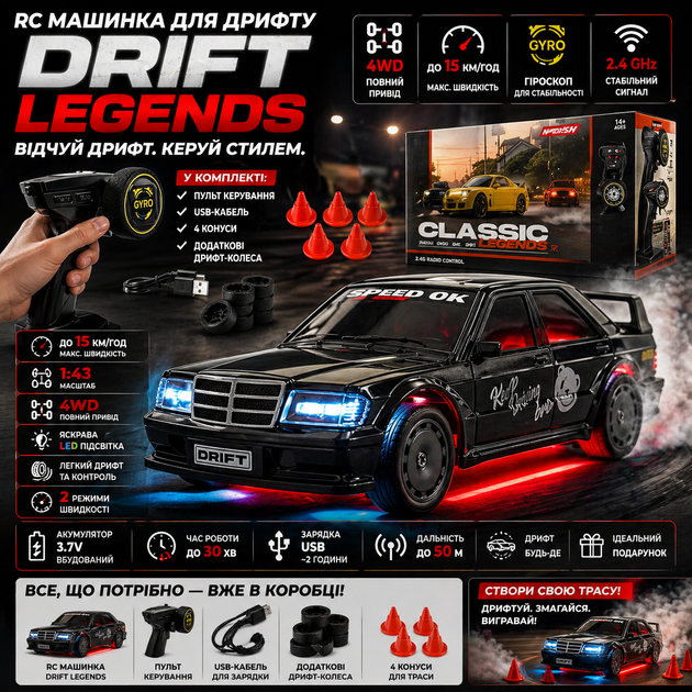 Радиоуправляемая дрифт машинка K2 Mercedes W201 Mini Drift 1:43 4WD до 15 км/ч RC авто на пульте с подсветкой - Фото 7 Радиоуправляемая дрифт машинка K2 Mercedes W201 Mini Drift 1:43 4WD до 15 км/ч RC авто на пульте с подсветкой - изображение 7