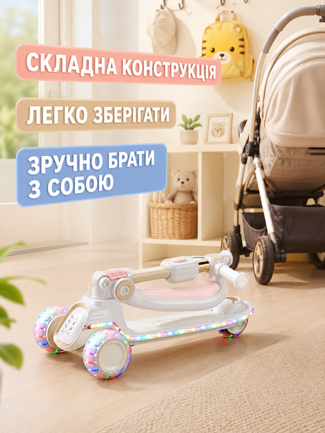 Дитячий триколісний самокат 2в1 білий складаний із сидінням підсвічуванням коліс музикою Bluetooth та регульованим кермом (49675958) - зображення 5