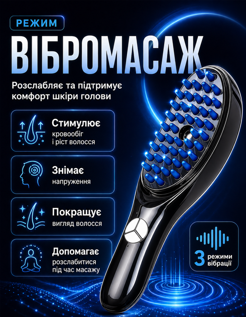Масажер для голови електричний масажний гребінець з вібрацією, світлотерапією та нанорозпиленням для стимуляції росту волосся - зображення 4