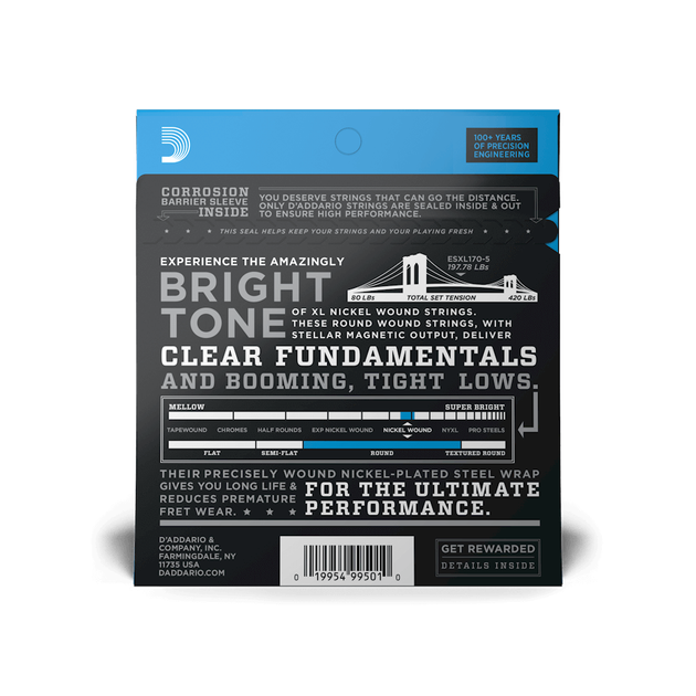 Струни для бас-гітари DʼADDARIO EXL170-5 XL Nickel Wound Bass Regular Light 5-String (45-130) - зображення 3