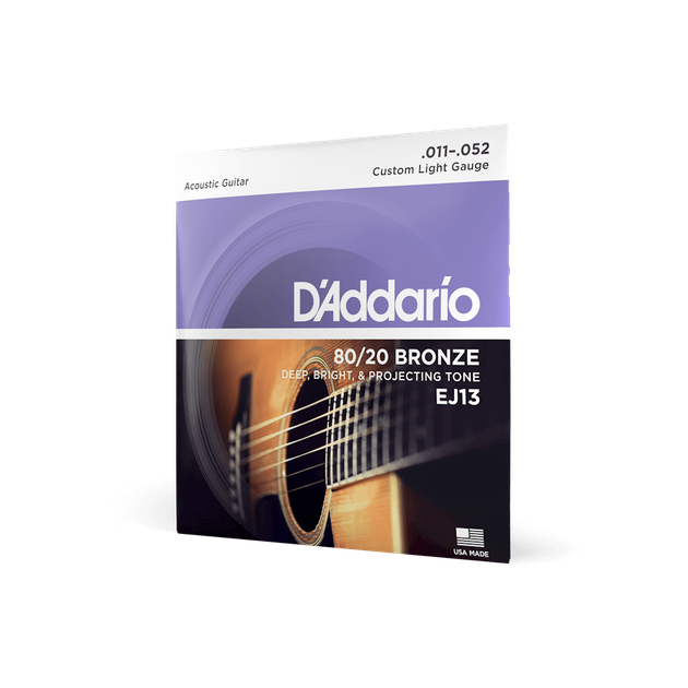 Струни для акустичної гітари DʼADDARIO EJ13 80/20 Bronze Custom Light (11-52) - Фото 2 Струни для акустичної гітари DʼADDARIO EJ13 80/20 Bronze Custom Light (11-52) - зображення 2