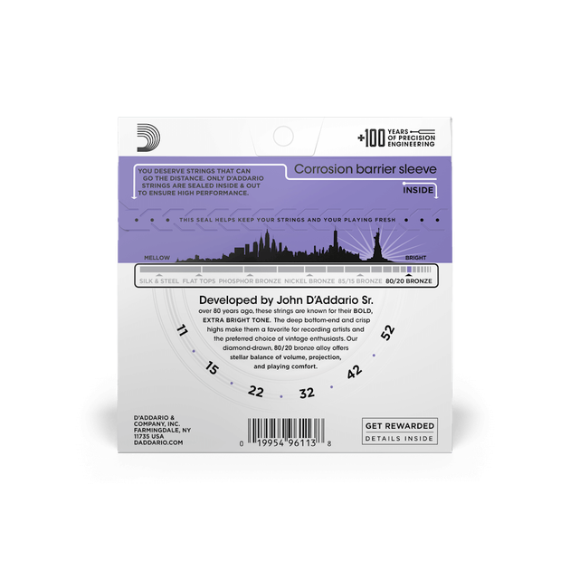 Струни для акустичної гітари DʼADDARIO EJ13 80/20 Bronze Custom Light (11-52) - Фото 3 Струни для акустичної гітари DʼADDARIO EJ13 80/20 Bronze Custom Light (11-52) - зображення 3
