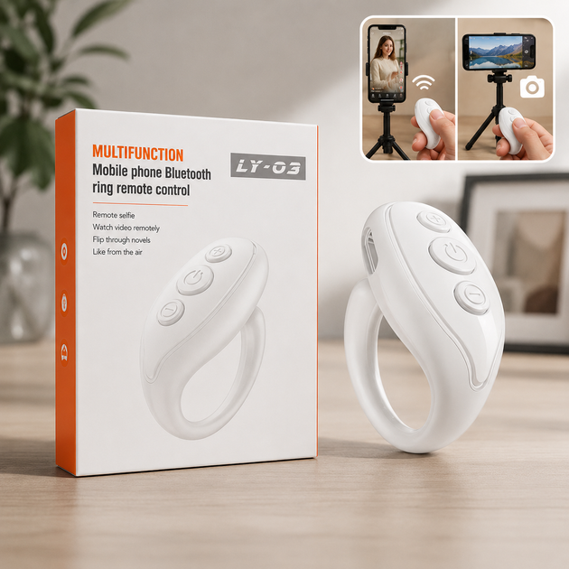Bluetooth пульт-кільце для смартфона: дистанційне керування TikTok, Reels (Білий) - Фото 1 Bluetooth пульт-кільце для смартфона: дистанційне керування TikTok, Reels (Білий) - зображення 1