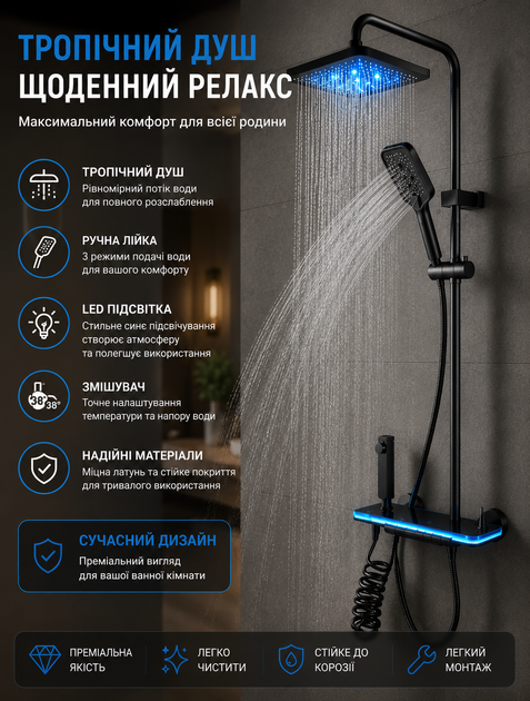Душова система зі змішувачем тропічний душ душовий гарнітур стійка з LED підсвіткою від води квадратна лійка металева настінна змішувач-полиця кнопочне керування - зображення 3