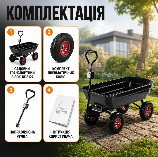 Тачки самосвалные Kraft&Dele грузоподъемность 300 кг объем 75 л пневматические колеса черный - изображение 3