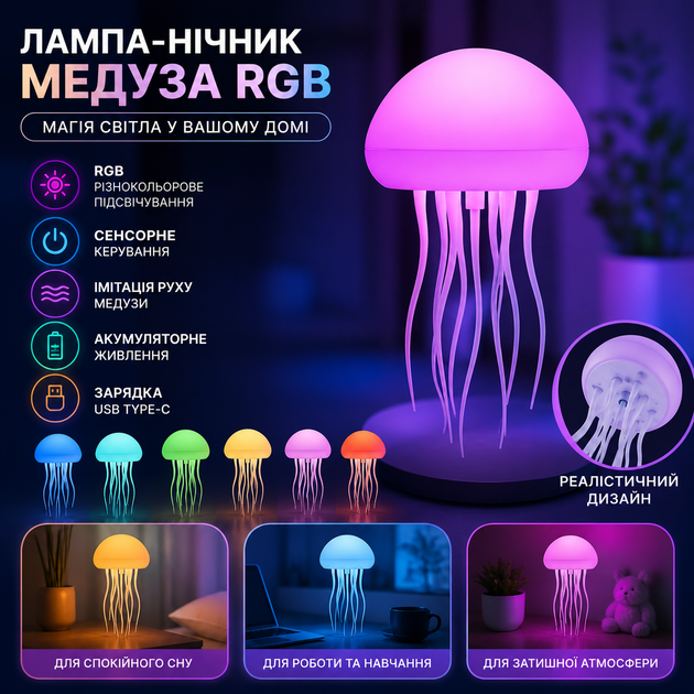Настольная лампа-ночник в виде медузы с RGB-подсветкой - изображение 2