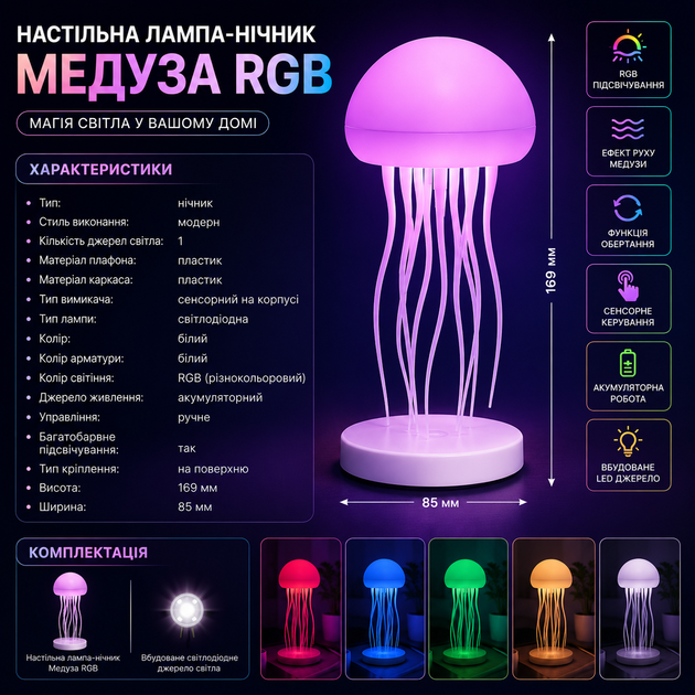Настольная лампа-ночник в виде медузы с RGB-подсветкой - изображение 6