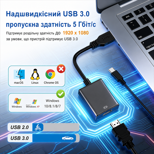 Адаптер USB 3.0 на HDMI для підключення додаткового монітора 77582 - изображение 3