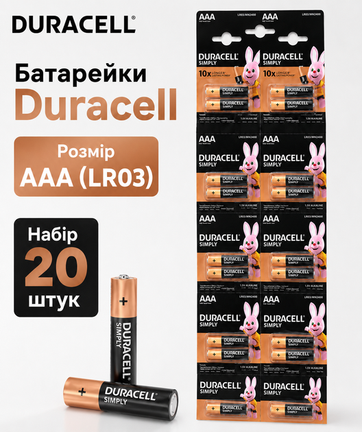 Батарейки Duracell Simply AAA (LR03) 1.5V Alkaline, набір 20 шт., мініпальчикові лужні батарейки - Фото 1 Батарейки Duracell Simply AAA (LR03) 1.5V Alkaline, набір 20 шт., мініпальчикові лужні батарейки - зображення 1