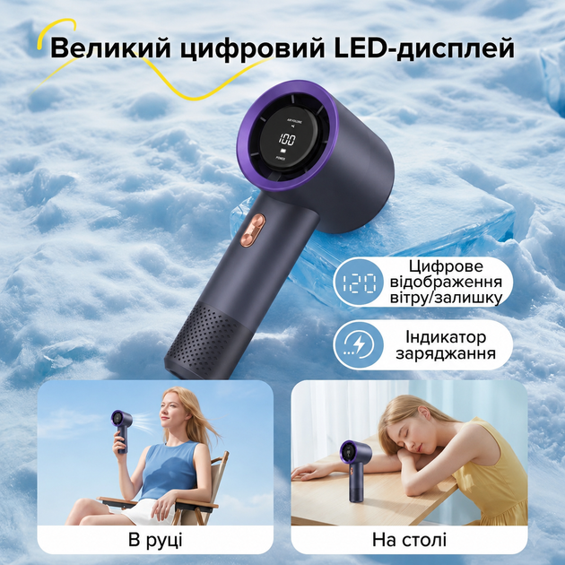 Вентилятор на аккумуляторе портативный ручной мини вентилятор с дисплеем 3000mAh 199 скоростей Hofmy T13 Black - изображение 4