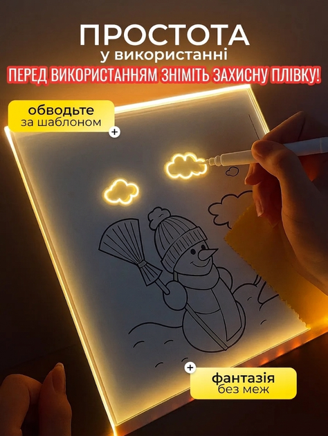 Світлодіодна дошка для малювання 20×20 см, LED нічник, набір з 7 неонових фломастерів, USB - зображення 3
