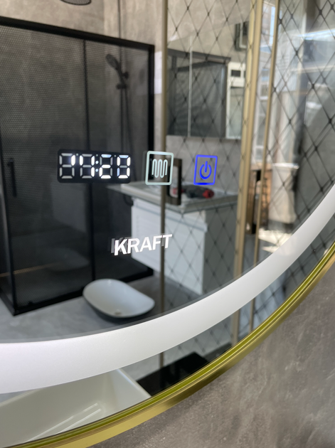 Дзеркало Kraft 2044 700×700 мм кругле з LED-підсвічуванням, золотою рамкою, годинником та антизапотіванням - изображение 3