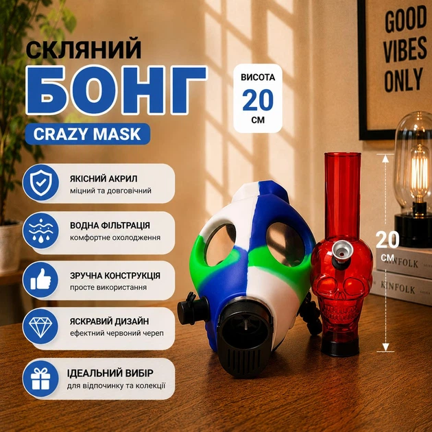 Мини-кальян-бонг-маска 031Q Crazy Mask с акриловой трубкой Череп 20 см - Фото 3 Мини-кальян-бонг-маска 031Q Crazy Mask с акриловой трубкой Череп 20 см - изображение 3