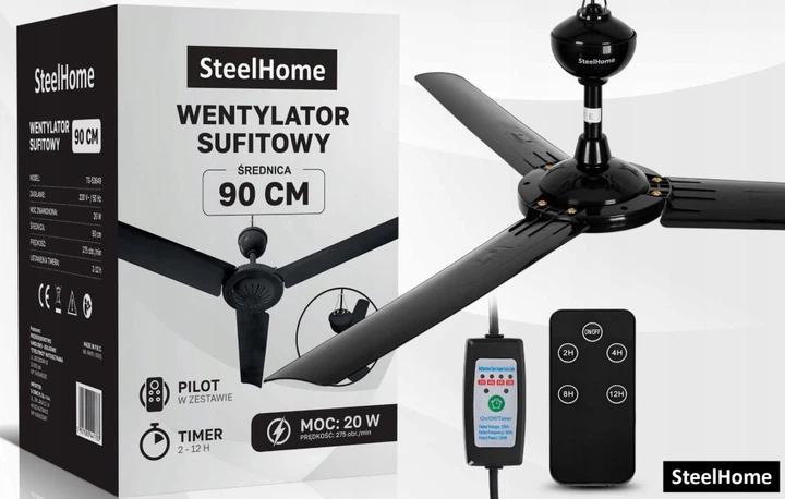 Стельовий вентилятор SteelHome 90 см 20 Вт 275 об./хв з таймером і пультом ДК Чорний - зображення 12